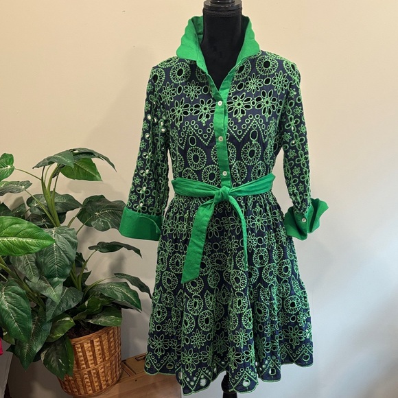 Gretchen Scott Designs Little Bo Peep Kelly Green and Navy Eyelet Dress - Picture 2 of 9